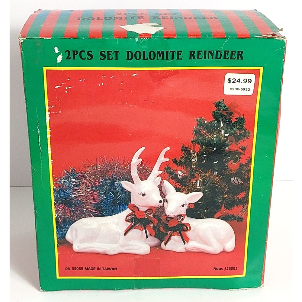 2 Pc Set of Dolomite Ceramic White Reindeer Christmas Mother w/Calf